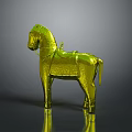 Green Metallic Horse Sculpture With Decorative Patterns And Shiny Reflective Base