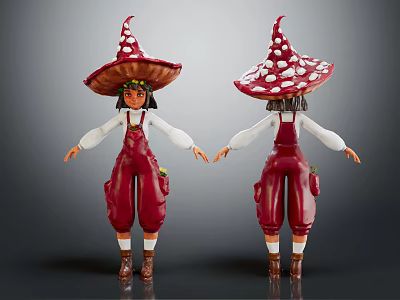 Mushroom Fairy Characters With Red Spotted Hats Red Overalls Holding Hands Front And Back Views 3d model