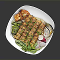 Grilled Herb Seasoned Meat with Fresh Lettuce Basil Radish and Roasted Onion on White Plate