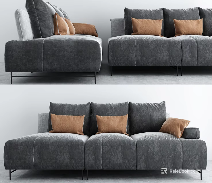 Modern Gray Sectional Sofa With Brown Accent Pillows And Sleek Design 3d model
