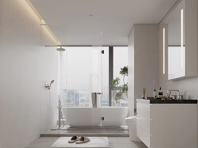 Modern Bathroom Interior Design With White Bathtub Shower Area Blinds White Vanity Black Countertop 3d model