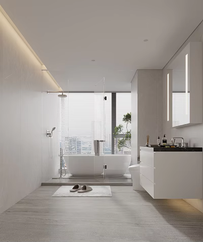 Modern Bathroom Interior Design With White Bathtub Shower Area Blinds White Vanity Black Countertop 3d model