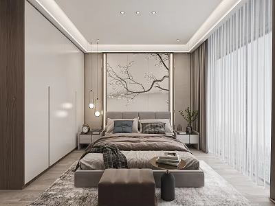 Modern Bedroom Interior With Plum Blossom Painting Wooden White Wardrobes And White Curtains 3d model