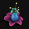 Colorful Floral Design With Pink Petals Blue Vase Like Structure And Yellow Stamens