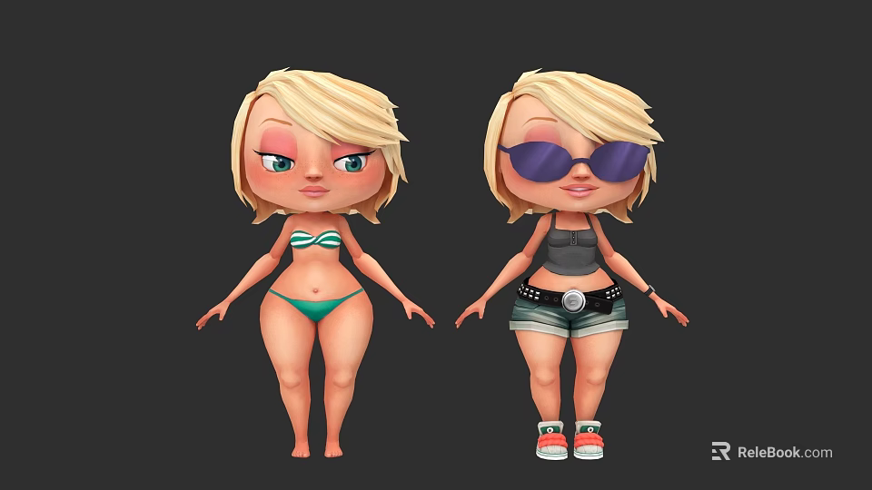 Two Cartoon Women with Different Outfits Green Bikini and Gray Tank Top Denim Shorts Sunglasses Sneakers 3d model 