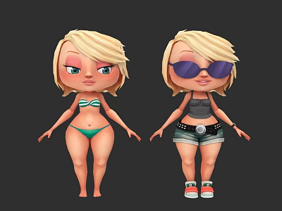 Two Cartoon Women with Different Outfits Green Bikini and Gray Tank Top Denim Shorts Sunglasses Sneakers 3d model