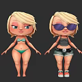 Two Cartoon Women with Different Outfits Green Bikini and Gray Tank Top Denim Shorts Sunglasses Sneakers