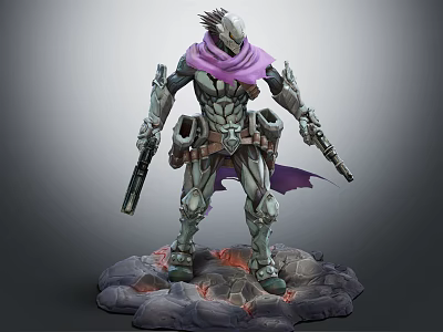 Futuristic Warrior Character In Armor With Purple Scarf Dual Guns On Lava Rock Base 3d model