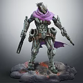 Futuristic Warrior Character In Armor With Purple Scarf Dual Guns On Lava Rock Base