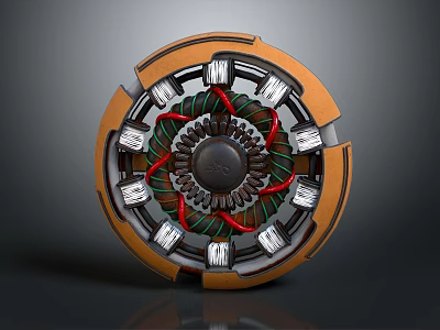 Circular Mechanical Device With Orange Outer Ring Green Red Coils And Silver Modules 3d model