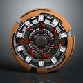 Circular Mechanical Device With Orange Outer Ring Green Red Coils And Silver Modules 3d model