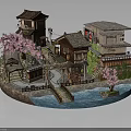 Traditional Japanese Architecture Model Featuring Cherry Blossom Trees Traditional Houses Water Area And Pathway