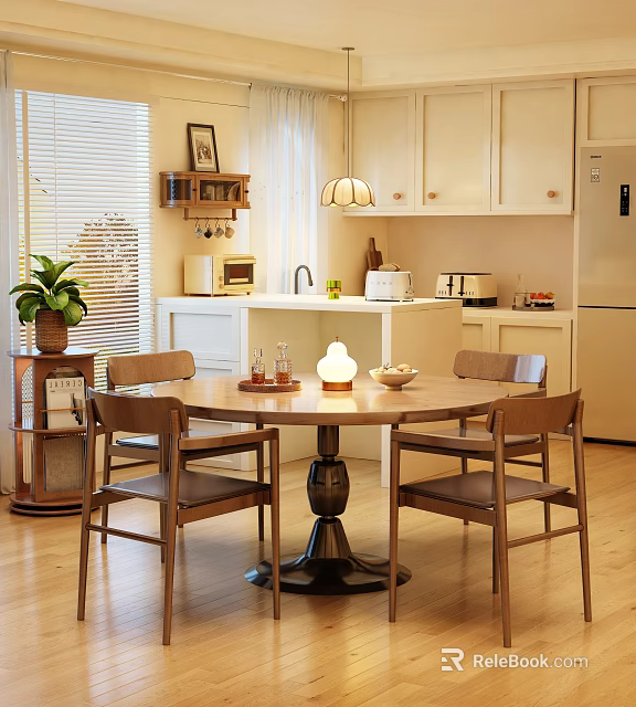 Warm Restaurant Interior With Round Dining Table Wooden Chairs And Open Kitchen Cabinets 3d model