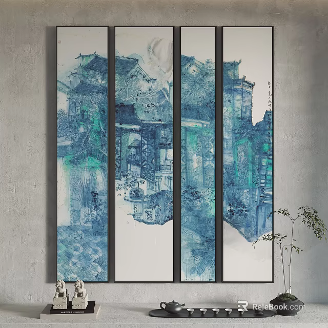 Four Panel Abstract Painting With Blue Green Chinese Architecture Elements 3d model