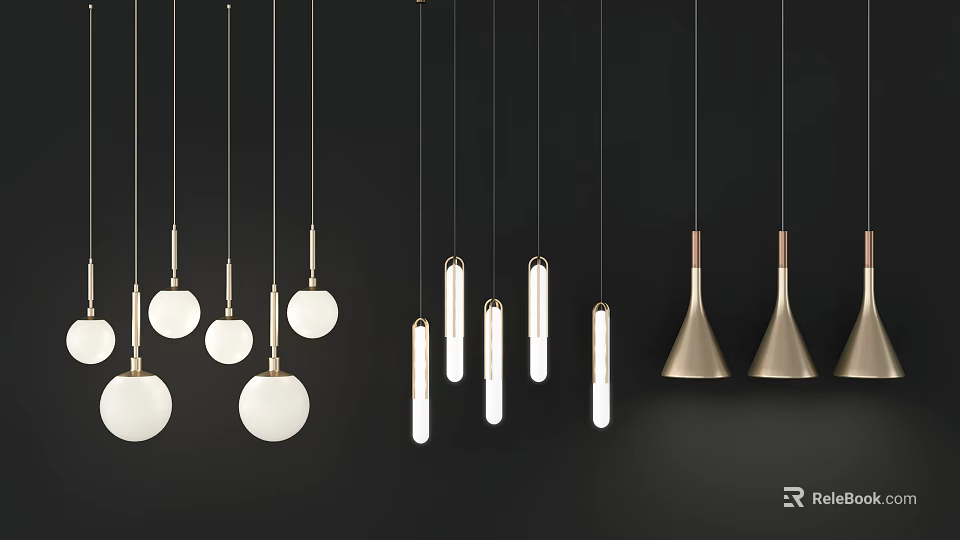 Modern Pendant Chandeliers with Round Cylindrical and Cone Shapes in Gold and White Design 3d model 