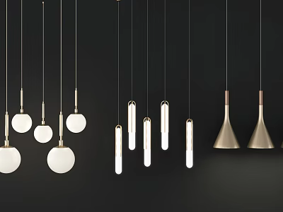 Modern Pendant Chandeliers with Round Cylindrical and Cone Shapes in Gold and White Design 3d model