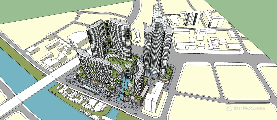 Modern High Rise Office Buildings With Curved Design And Green Spaces In Urban Area 3d model 