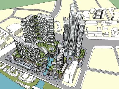 Modern High Rise Office Buildings With Curved Design And Green Spaces In Urban Area 3d model