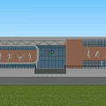 Modern Sports Building With Orange White Facade Curved Roof And Sport Silhouettes