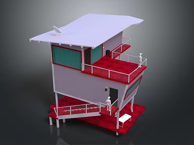 Colorful Cartoon House with White Roof Green Windows Red Balcony Stairs and White Railings 3d model