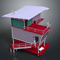 Colorful Cartoon House with White Roof Green Windows Red Balcony Stairs and White Railings