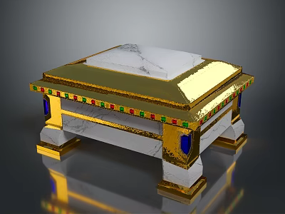 Decorative Household Item With Gold Frame White Marble Top And Colorful Gemstone Accents 3d model