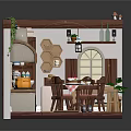 Cozy Miniature Kitchen Dining Scene With Window Wooden Table Chairs Pumpkin Plants And Shelves