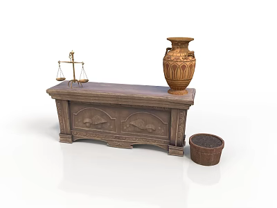 Home Living Supplies With Wooden Console Table Brass Balance Scale Carved Vase And Woven Basket 3d model