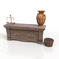 Home Living Supplies With Wooden Console Table Brass Balance Scale Carved Vase And Woven Basket