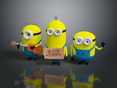 Three Minions Holding Guitar Carrying IM WITH STUPID Sign Waving In Blue Overalls With Goggles 3d model