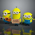 Three Minions Holding Guitar Carrying IM WITH STUPID Sign Waving In Blue Overalls With Goggles