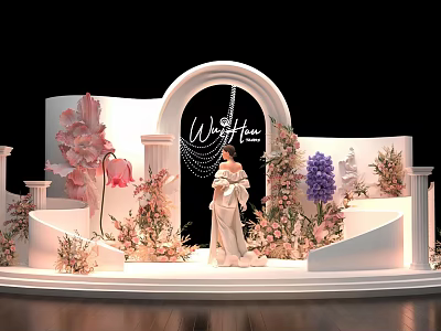 Elegant Floral Installation for Wedding Stage with White Archway Pink Purple Flowers Columns and Steps 3d model