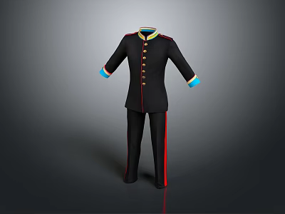 Black Uniform With Gold Buttons Colored Collar Cuffs And Red Striped Pants 3d model