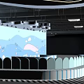 Ocean Adventure Themed Indoor Space With Blue Walls Wave Designs And Marine Life Decorations