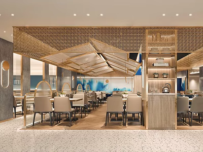 Modern Hotpot Restaurant Interior With Wooden Partition And Comfortable Dining Seats 3d model