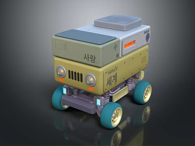 Cartoon Robot Character Vehicle With Green Gray Body Blue Wheels And Headlights 3d model