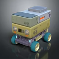 Cartoon Robot Character Vehicle With Green Gray Body Blue Wheels And Headlights
