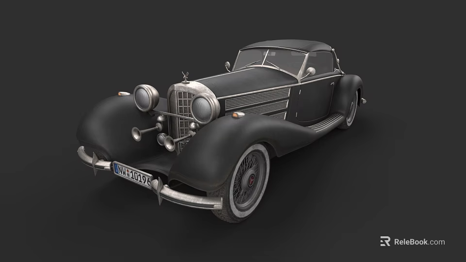 Black Vintage Classic Car With Retro Design Chrome Details And Round Headlights 3d model 