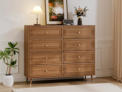 Modern Wooden Chest of Drawers with Table Lamp Framed Painting Radio Vase and Potted Plant 3d model