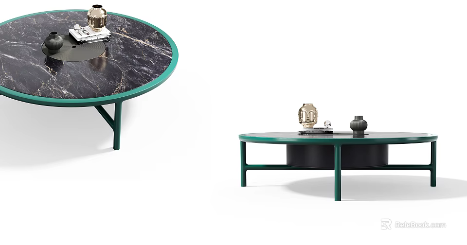 Oval And Round Coffee Table With Green Frame Marble Top And Decorative Items 3d model