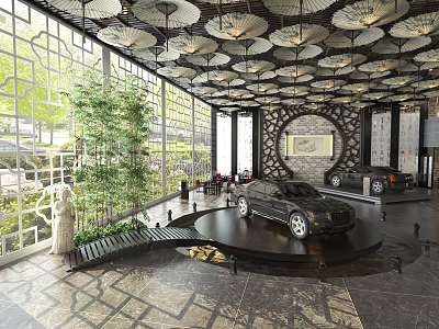 Luxury Car Showroom Interior With Umbrella Style Ceiling Large Windows Green Plants And Circular Platform 3d model