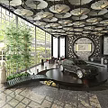 Luxury Car Showroom Interior With Umbrella Style Ceiling Large Windows Green Plants And Circular Platform