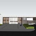 Modern Architectural Entrance Gate With Glass Facade Metal Frame And Greenery Driveway