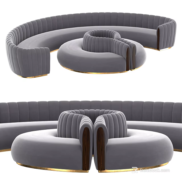 Modern Curved Sectional Sofa with Gray Velvet Upholstery and Gold Base Design 3d model 