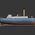 Blue Vintage Water Transport Vessel With Yellow Chimney Round Windows And Deck Seats