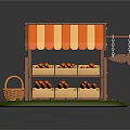 Cartoon Style Fruit Stand With Orange White Striped Awning Fruits On Shelves And Basket