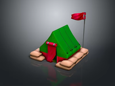 Green Outdoor Tent Furniture With Red Flag And Beige Base Mats 3d model
