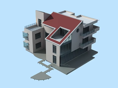 Modern Detached Villa With Red Roof Balconies Glass Windows And Entrance Steps 3d model