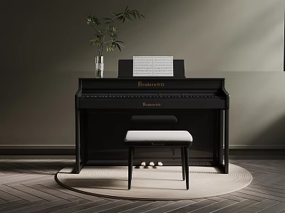 Black Grand Piano With Music Sheet And Stool In Modern Room 3d model