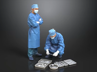 Two Medical Professionals in Blue Scrubs Preparing Surgical Instruments Before Surgery 3d model